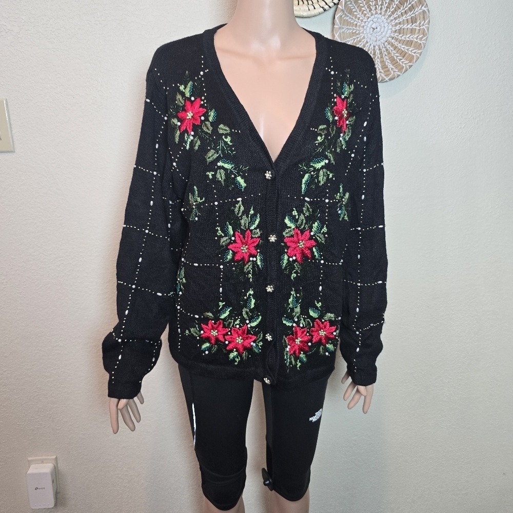 BP Designs Christmas Poinsettia Black Beaded Cardigan Sweater Size LARGE